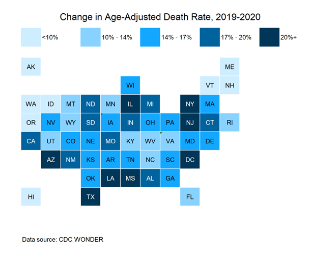 Percentage Change in Age-Adjusted Death Rate Tile Grid Map 2019-2020