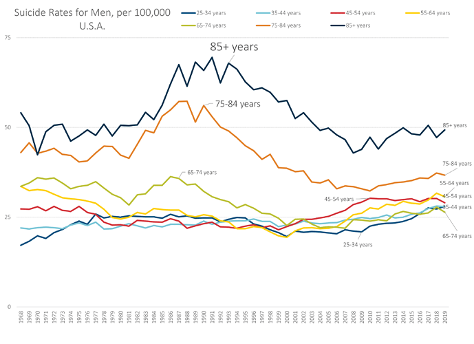 Suicide rates for men by age group