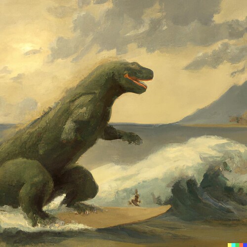 DALL·E 2022-08-05 11.03.15 - Godzilla Surfing, oil on canvas, masterpiece, 1800s